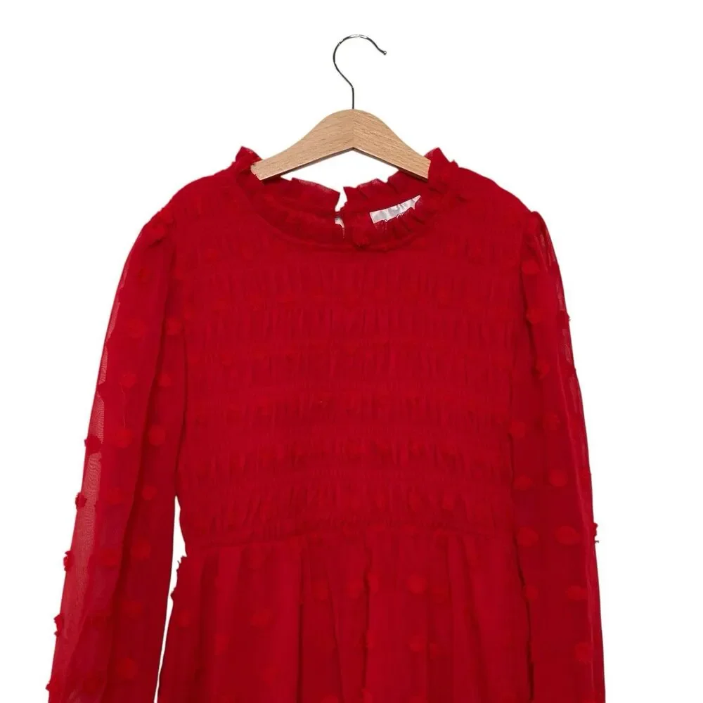 Rare Editions Red Girls' 12 Clip Dot Chiffon Smocked Dress Ruffled Neckline NWT